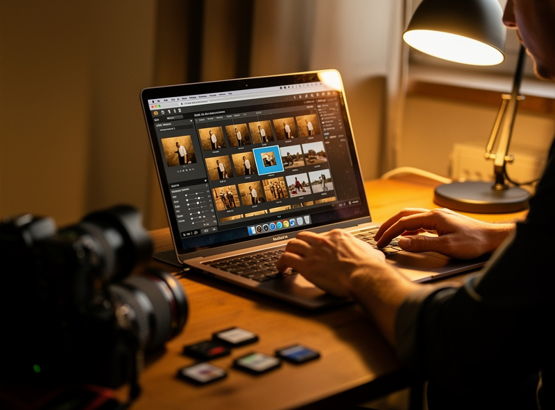 Photographer culling images on a laptop showing a grid of similar frames