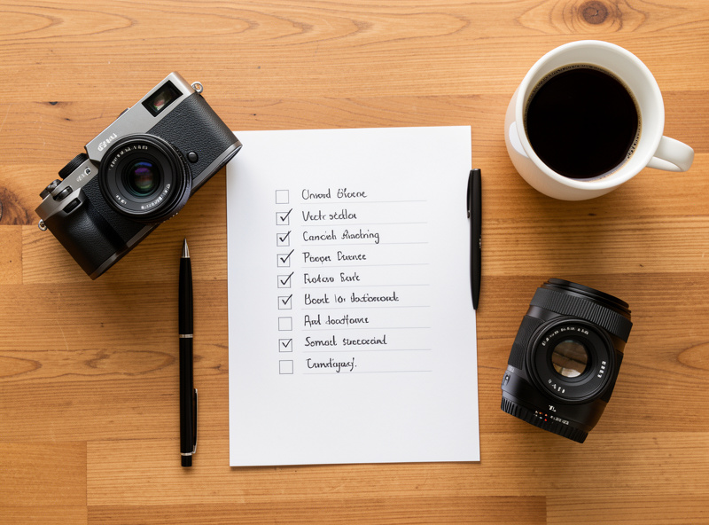 Mirrorless camera, a planning checklist, and a prime lens arranged on a desk for starting a photography business