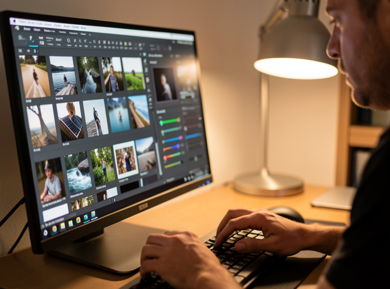 Photographer culling and editing a session on a calibrated monitor