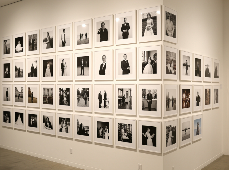 A photographer selecting the strongest images from a wall of consistent portfolio prints