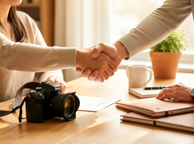 A photographer and client shaking hands across a desk after agreeing contract terms