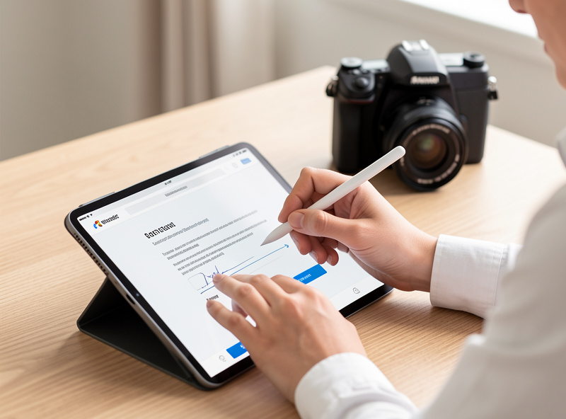 A client signing a digital photography contract on a tablet with a stylus