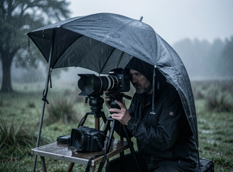 A photographer protecting camera gear from rain under a cover during an outdoor shoot