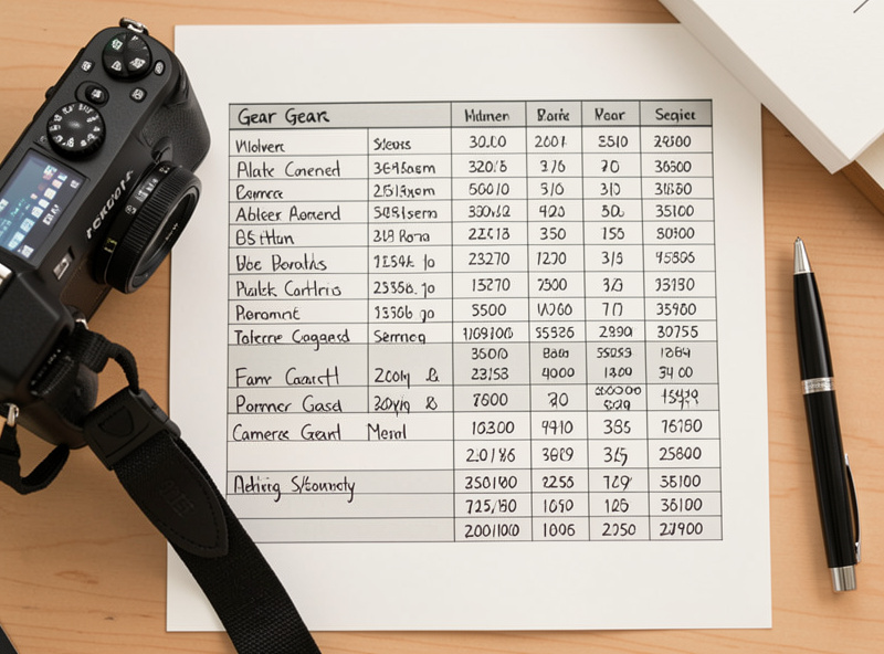 A handwritten gear inventory listing camera and lens values and serial numbers for insurance