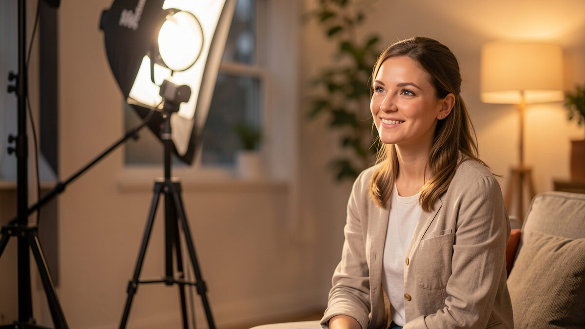 Off-camera speedlight flash setup with softbox lighting a portrait subject in a home studio