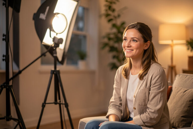 Off-camera speedlight flash setup with softbox lighting a portrait subject in a home studio