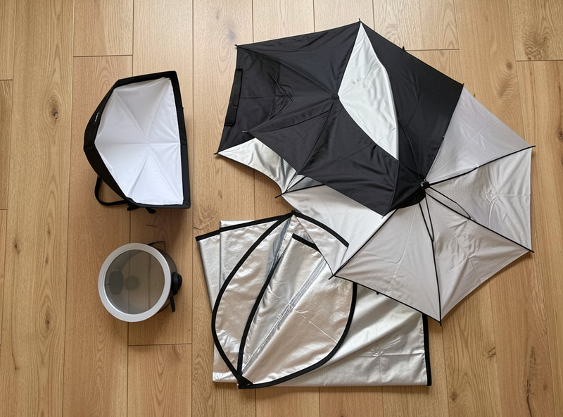 A selection of flash modifiers including a softbox, shoot-through umbrella, and 5-in-1 reflector