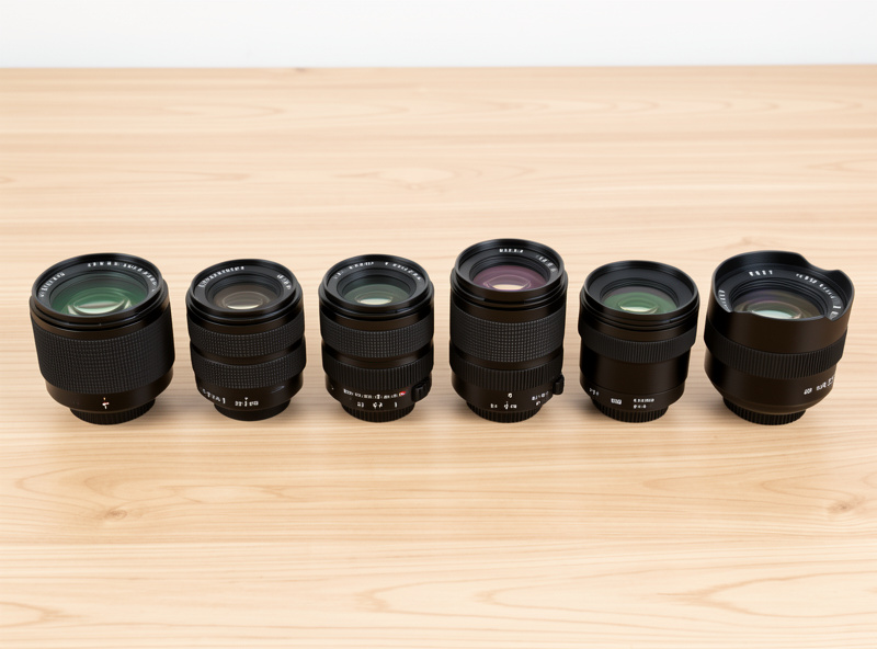A row of camera lenses arranged from ultra-wide to long telephoto, illustrating focal-length range for niche choice