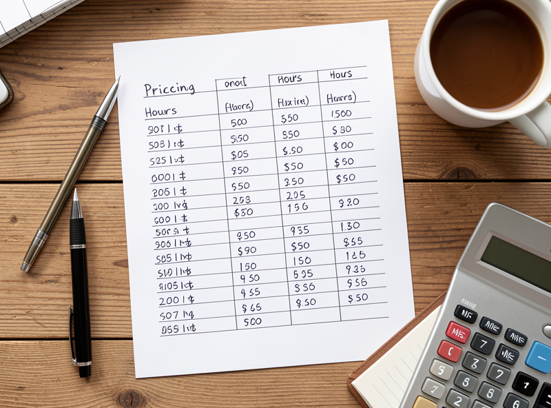 A handwritten photography pricing worksheet with columns of hours and figures, a calculator and pen on a desk