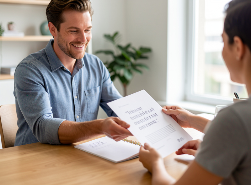 A confident photographer handing a printed quote and portfolio to a client across a table