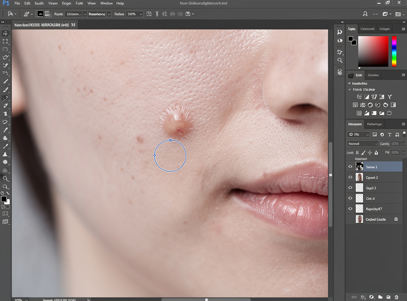 A healing brush removing a small blemish on a portrait with skin texture intact
