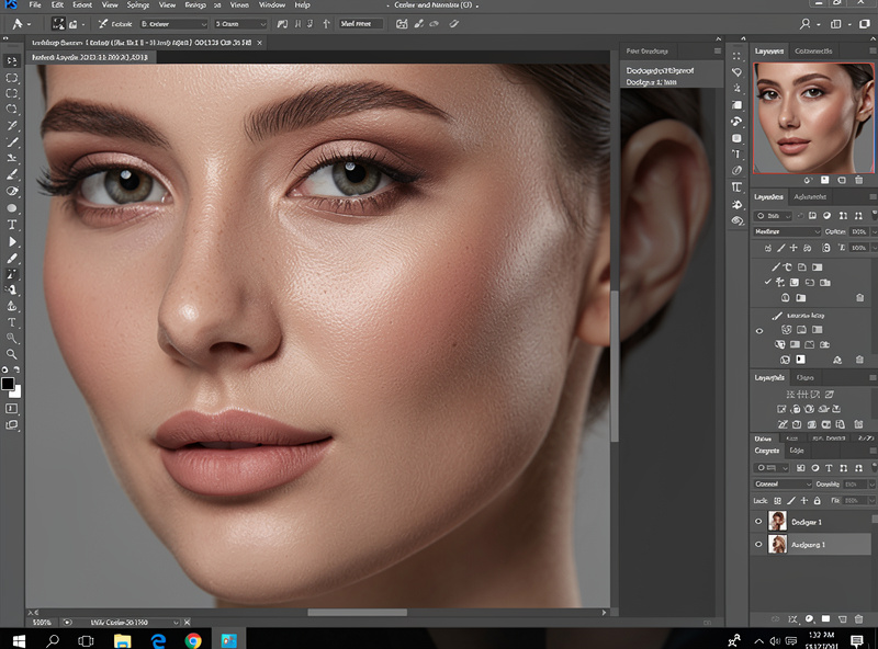 Dodge and burn shaping light on a portrait face in editing software