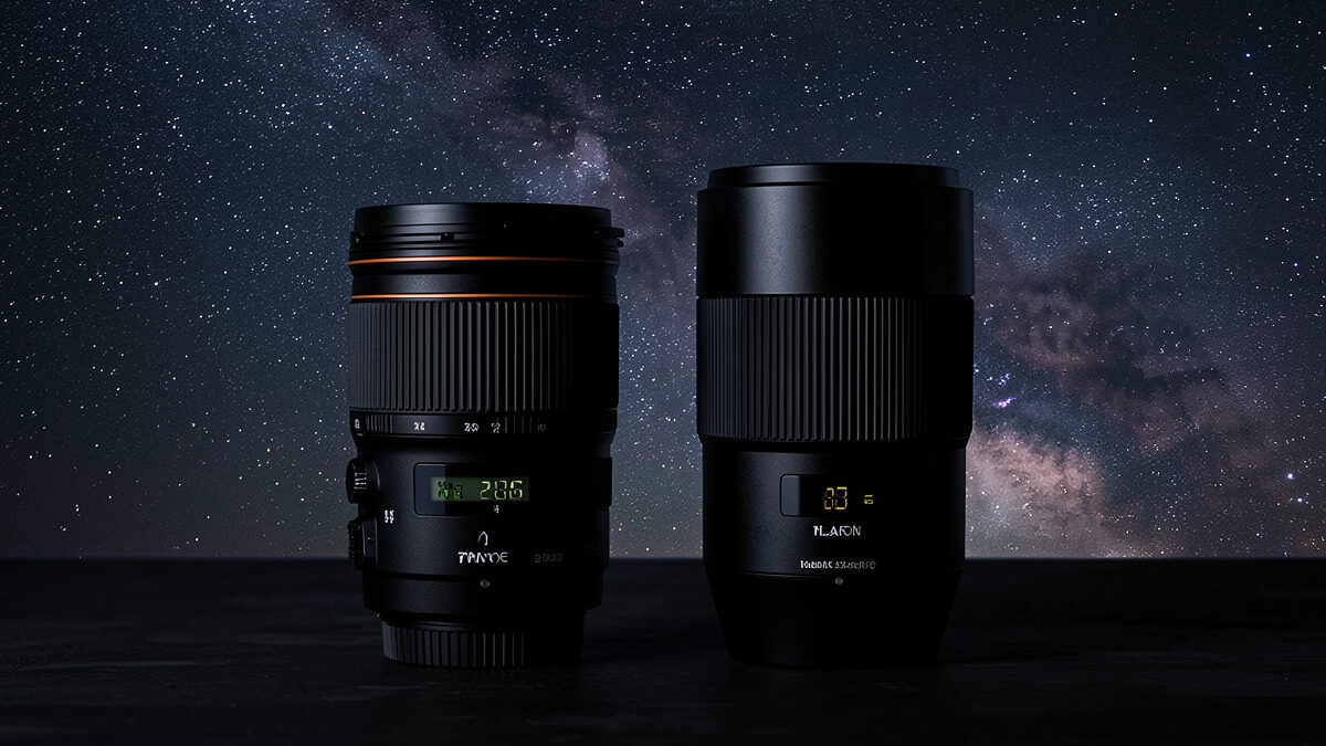A fast wide prime lens beside a wide-angle zoom lens for astrophotography on a dark surface
