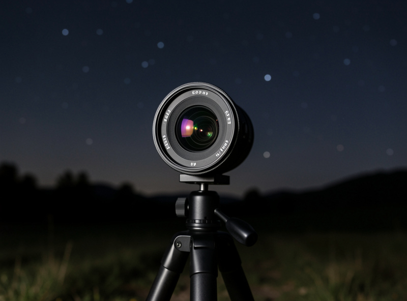 A fast wide prime lens on a camera under a starry sky, aperture wide open