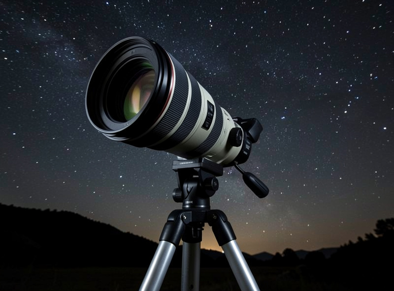 A wide-angle zoom lens set on a tripod-mounted camera framing the night sky