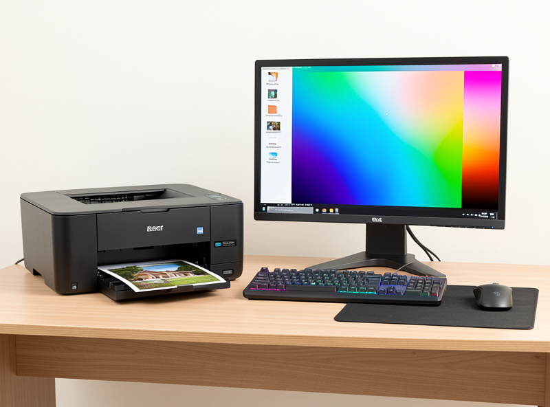 Home photo printing desk setup with a pigment inkjet printer and calibrated monitor