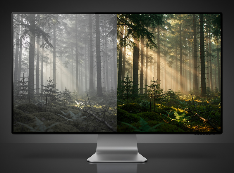 A flat unprocessed RAW file next to the final developed image of a misty forest
