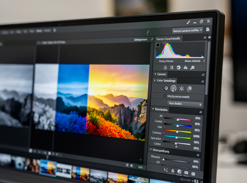 Camera profile and color settings panel showing neutral versus vivid profile preview