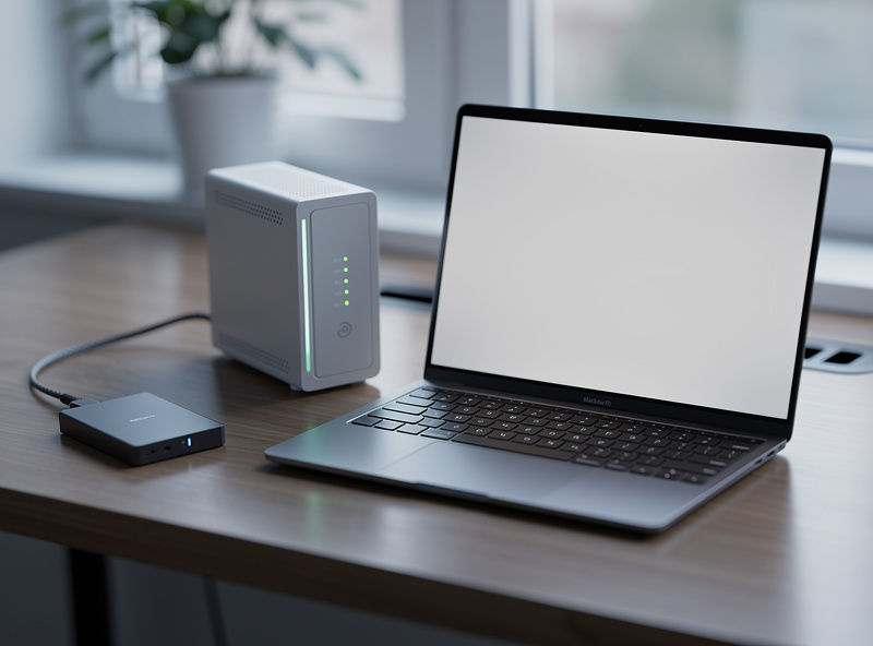 An external SSD and NAS unit beside a laptop for photo backup
