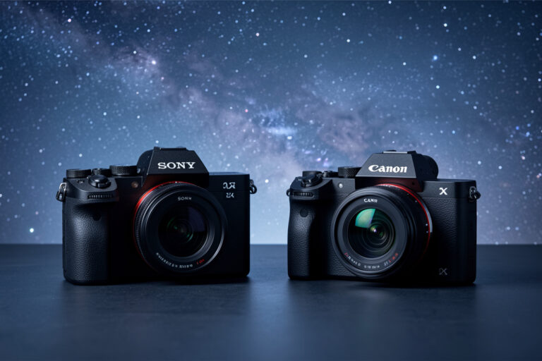 Sony and Canon mirrorless cameras with fast wide lenses compared for astrophotography