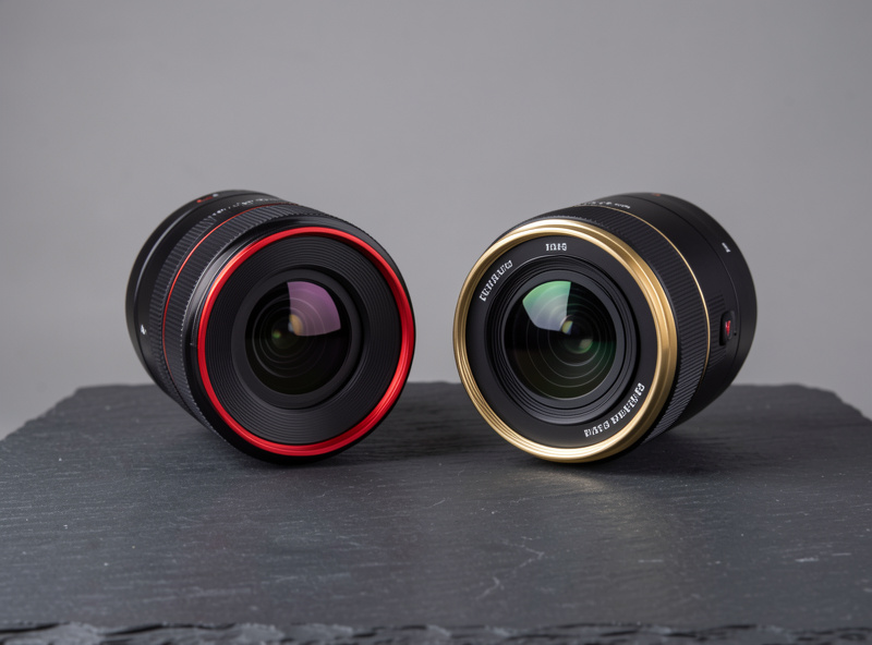 A Sony E-mount and a Canon RF wide-angle lens side by side on a dark surface