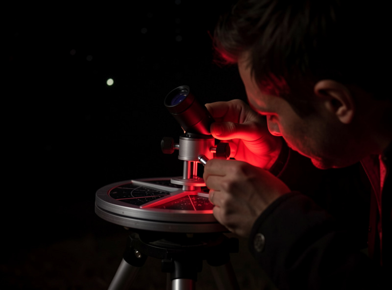 Photographer adjusting the polar alignment scope on a star tracker at night