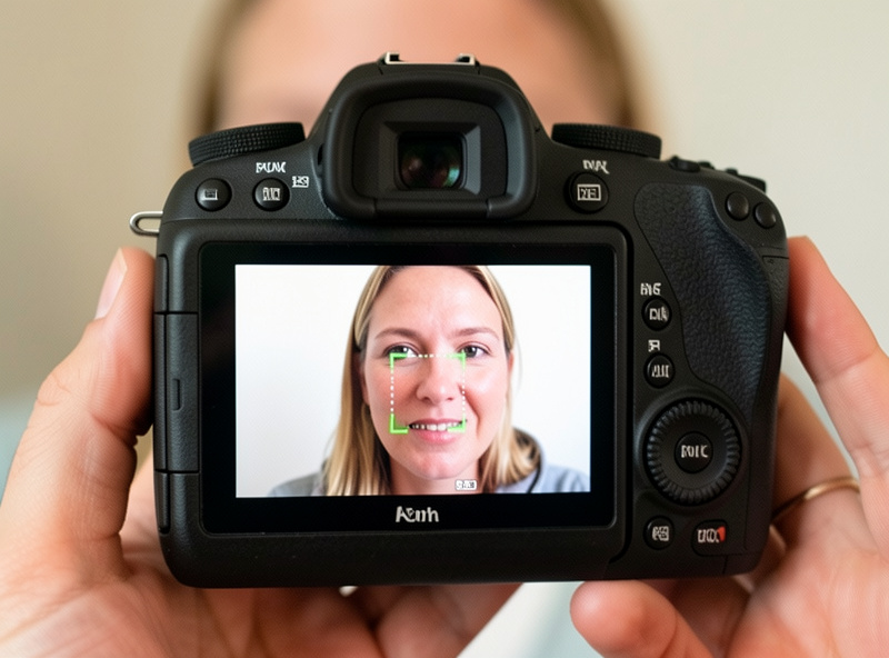 Mirrorless camera screen showing face-detection autofocus tracking a subject during video