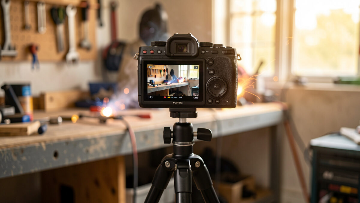 Mirrorless camera on a tripod recording video in a home workshop