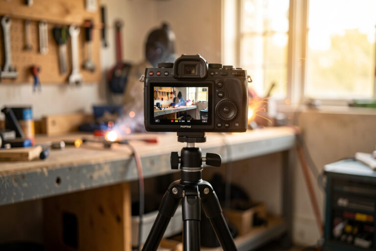 Mirrorless camera on a tripod recording video in a home workshop
