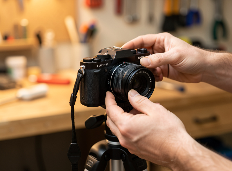 Fujifilm X-T5 on a carbon tripod set up to record video of a workshop bench