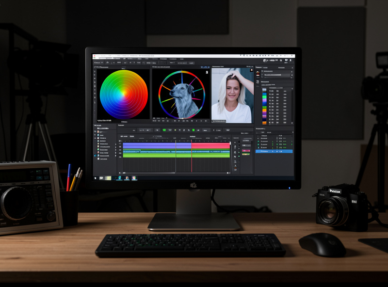 Color grading interface on a calibrated monitor showing a video clip from a workshop