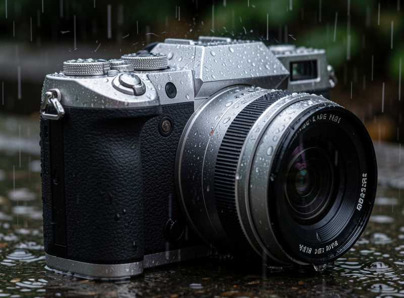Close-up of a weather-sealed mirrorless camera body covered in fresh rain droplets