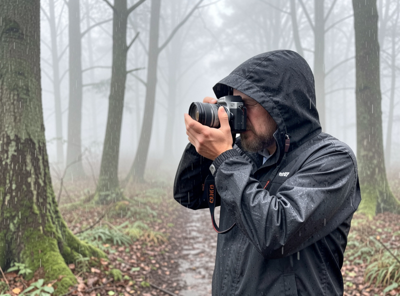 A photographer in a rain jacket shooting with a mirrorless camera in misty wet woodland
