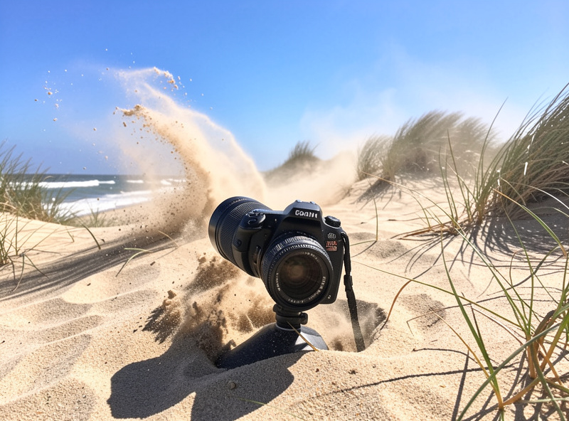 A camera being used on a windswept coastal dune with blowing sand and sea spray