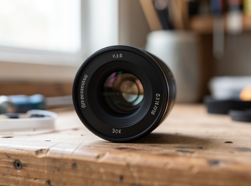 Fast portrait prime lens on a workbench with rounded aperture blades visible in soft window light