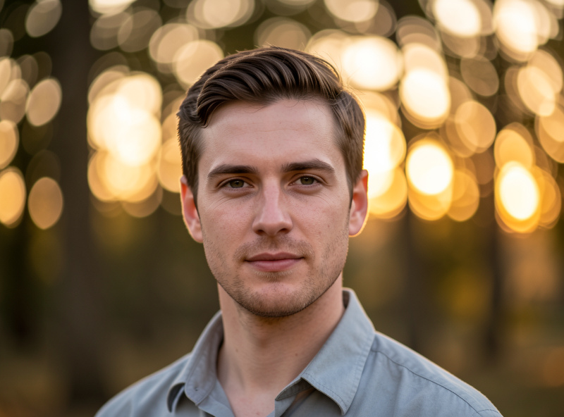 Portrait subject sharp against deeply blurred creamy round highlights glowing between trees at golden hour