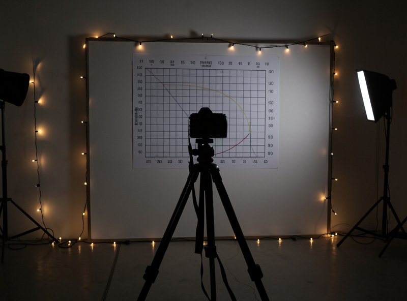 Camera on a carbon tripod aimed at a flat test wall with string lights behind for an aperture sweep bokeh test