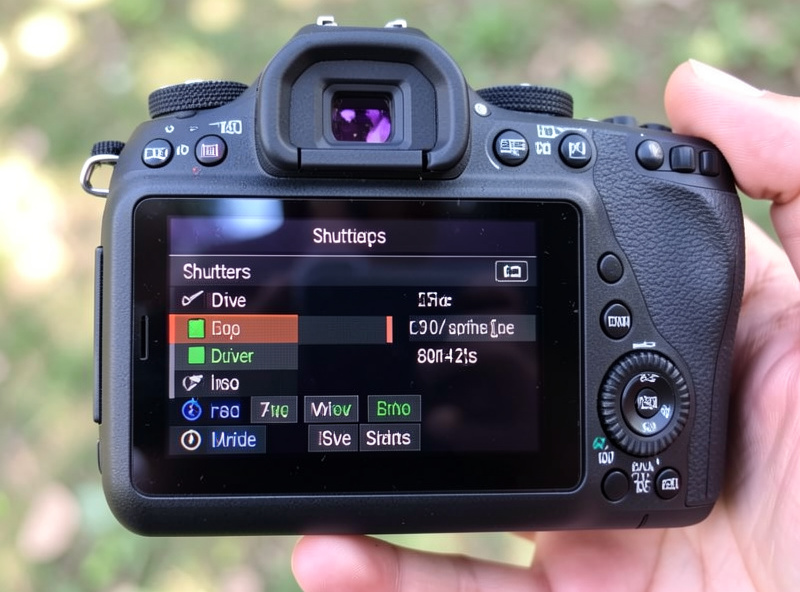 Camera top dial and rear screen showing wildlife settings: fast shutter speed, continuous autofocus, and burst drive mode
