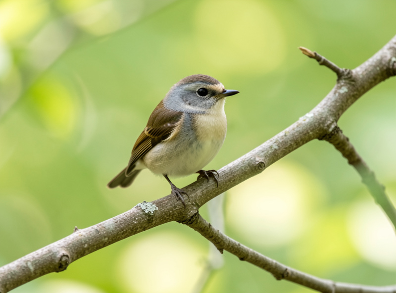 A small bird in sharp focus against a softly blurred green background, demonstrating animal-eye autofocus on a long lens