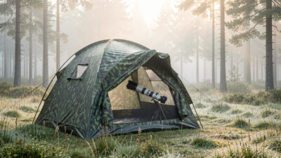 Camouflage wildlife photography hide at the edge of a misty Nordic forest clearing at golden hour