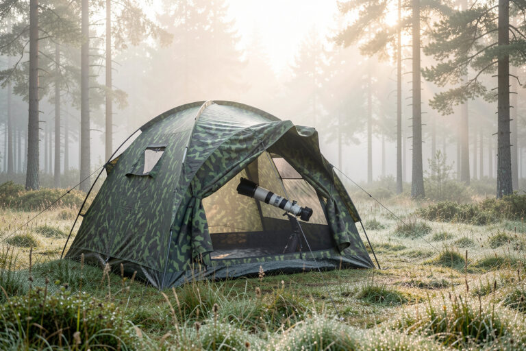 Camouflage wildlife photography hide at the edge of a misty Nordic forest clearing at golden hour