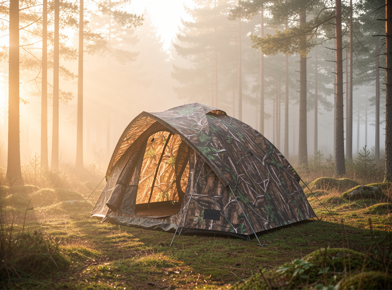 A camouflage pop-up photography hide set at the edge of a Nordic forest clearing at dawn