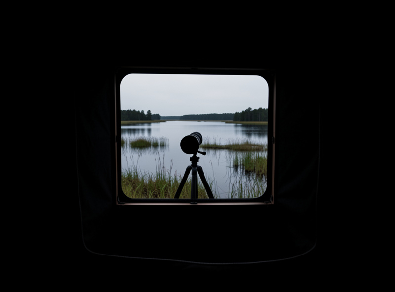 Interior view from inside a dark photography blind looking out through a lens port at a wetland