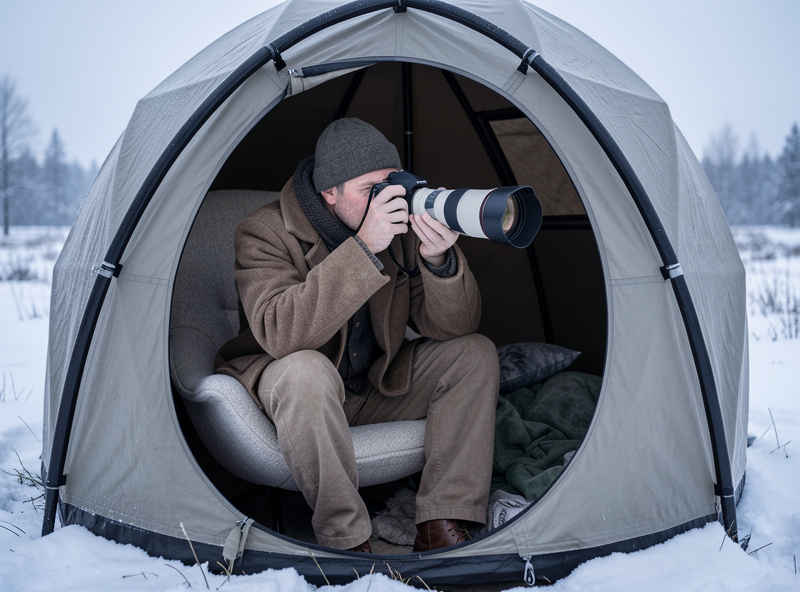 Photographer dressed in muted layers waiting inside a dome chair hide with a long lens through the port