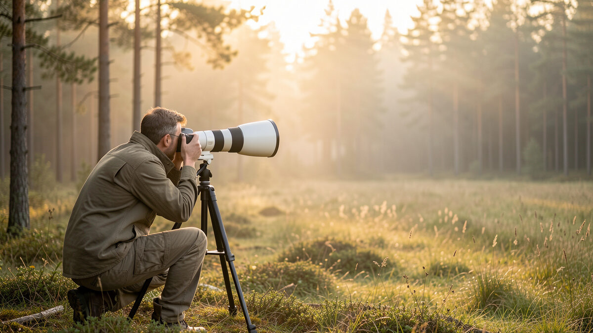 Wildlife photographer with a telephoto lens on a tripod at the edge of a misty Nordic forest clearing at golden hour