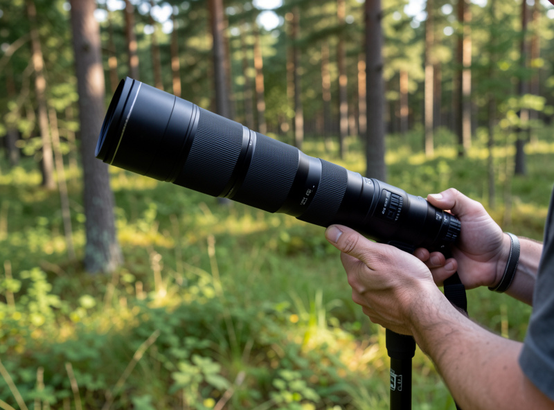Wildlife photographer using a 150-600mm telephoto lens on a monopod at the edge of a Nordic forest clearing