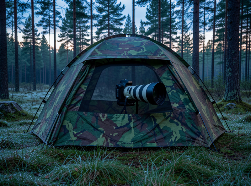 Pop-up camouflage hide set at a forest edge with a long lens poking through the mesh window at dawn