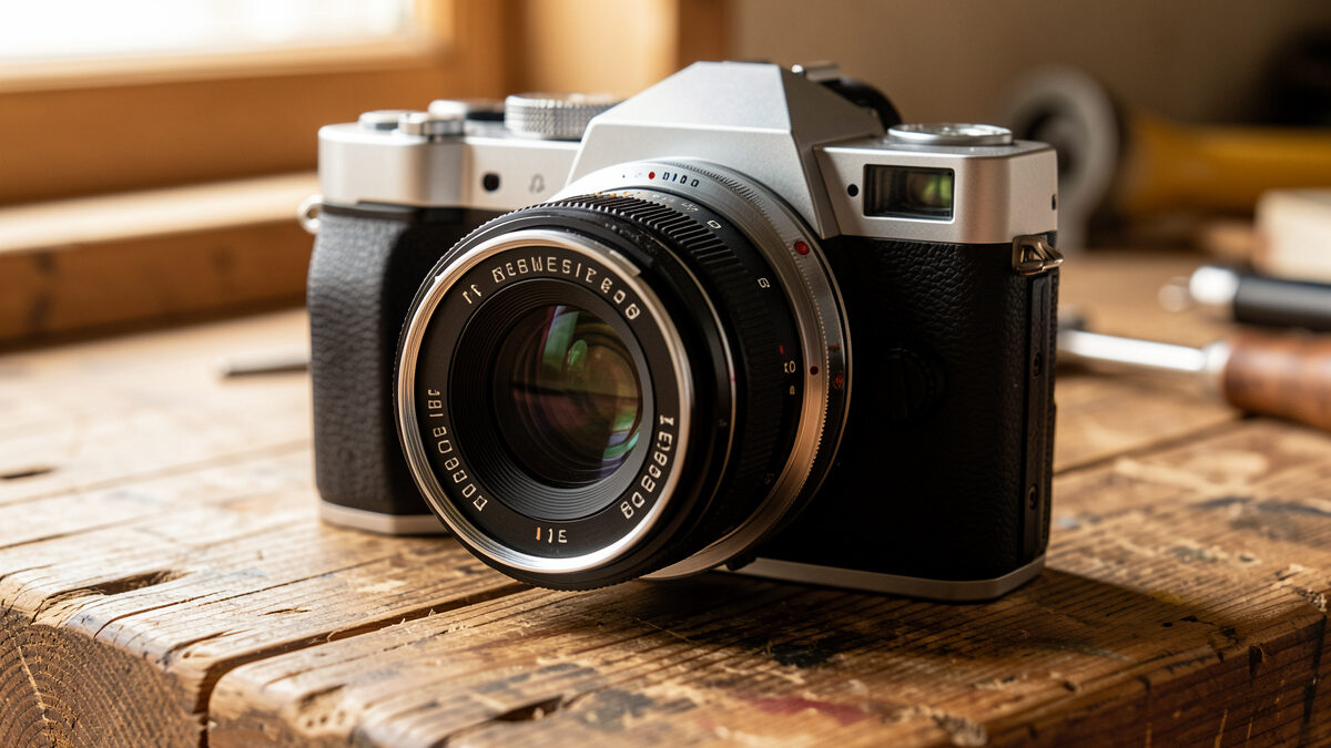 Vintage M42 prime lens adapted to a mirrorless camera body on a workbench