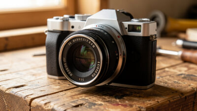 Vintage M42 prime lens adapted to a mirrorless camera body on a workbench