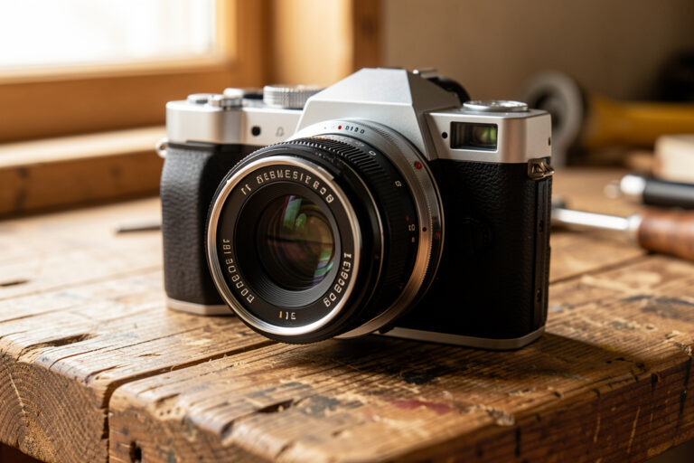 Vintage M42 prime lens adapted to a mirrorless camera body on a workbench